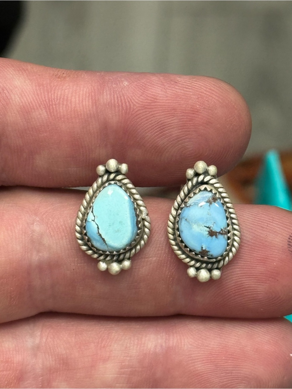 STERLING SILVER GOLDEN HILLS TURQUOISE TWIST BALL BEADED STUD EARRINGS .925 - Picture 4 of 13